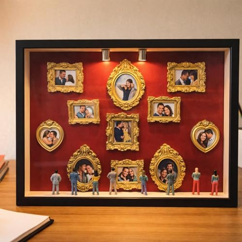Pavsicgn Mini Museum Bilderrahmen Gold With Figuren, Diy Museum Of Us Valentinstag Gift, Mini Bilderrahmen Gold Shadow Box, 11 Miniatur-Tisch-Bilderrahmenss Mit 8 Figuren