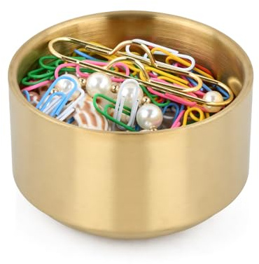 Metal Paper Clip Holder Bowl, Stainless Steel Binder Organizer Container, Golden Storage Tray for Paperclips, Desktop Decor Office Accessories for Small Parts Desk in Office, School, Home