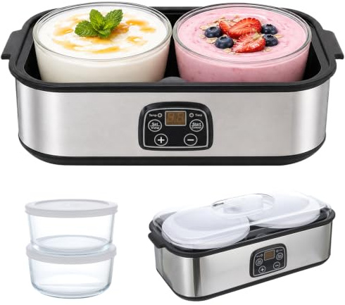Yaourtière automatique, 2 l, température et minuterie réglables, yaourtière avec 2 verres, yaourtière pour yaourt grec, fromage, natto, vin de riz (argent, 2 l)