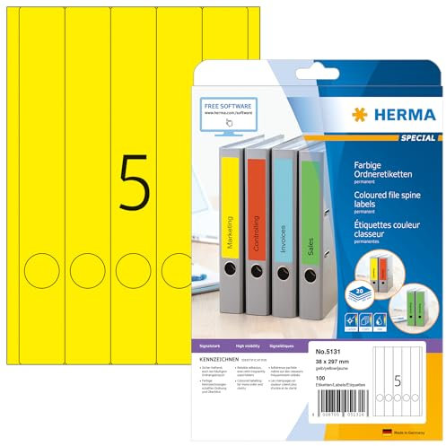 HERMA 5131 Ordnerrücken Etiketten lang schmal, 20 Blatt, 38 x 297 mm, 5 pro A4 Bogen, 100 Stück, selbstklebend, bedruckbar, blickdicht, blanko Papier Ordneretiketten Rückenschilder Aufkleber, gelb