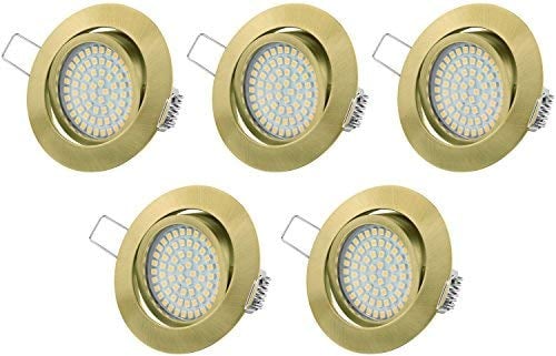 TEVEA PREMIUM LED Einbauleuchte - 3.5W 230v - Schwenkbare LED Einbaustrahler - Messing Gebürstet - Deckenspot - Austauschbar - Ultra Flach (5-er set)