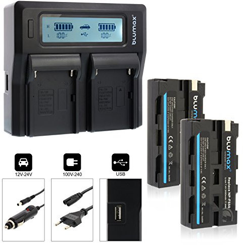 2X Batterie Blumax NP-F550 2400mAh + Chargeur Double pour NP-F550 Chargeur Double | Compatible avec différents modèles d'appareils Photo numériques Sony | Charge Deux Batteries simultanément