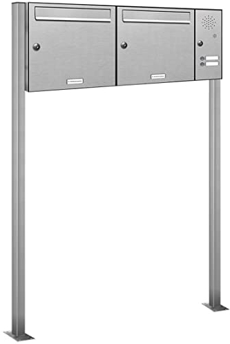 AL Briefkastensysteme 2er Edelstahl Standbriefkasten mit Klingel rostfrei als 2 Fach Briefkastenanlage in Postkasten Doppel-Briefkasten Design modern