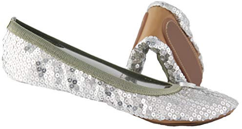 Sequin sparkle foldable portable shoes - Comfortable women ballet flats That foldup and fit in bag, Silver, 7 UK