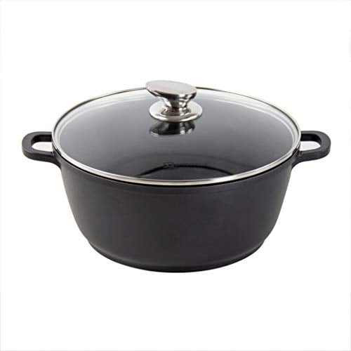 SQ Professional NEA Ceramiq Die-Cast Stock Pot -Aluminum Stackable Casserole Dishes Tempered Glass Lid-Non-Stick Cooking Pot- Stainless Steel knob-Induction Base-(Black, 24cm)