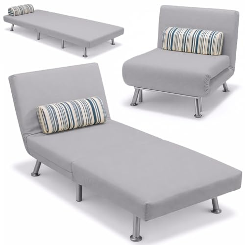 BAKAJI Divano Poltrona Letto 1 Posto Singolo Struttura in Metallo Rivestimento in Tessuto Imbottito Schienale Reclinabile 5 posizioni Dimensione 75x73x73cm (Grigio)