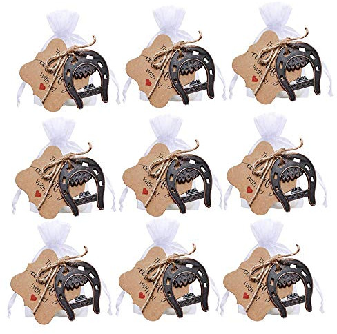 Bodosac awtlife 25 pcs Cast Iron Lucky Horseshoes Opener with Tag Cards Sheer Bag for Vintage Wedding Favors Party Favor Decoration