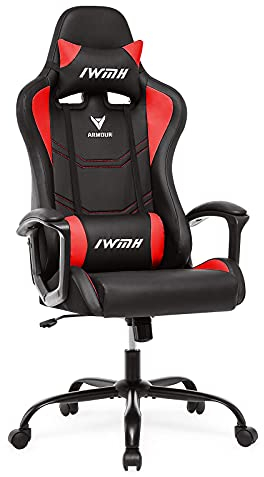 IWMH Gaming Stuhl, Ergonomischer Computerstuhl mit Hoher Rücklehne, Höhenverstellbarer Drehstuhl, Racing Stuhl mit Armlehnen, Verstellbarer Kopfstütze und Lendenstütze (Rot)