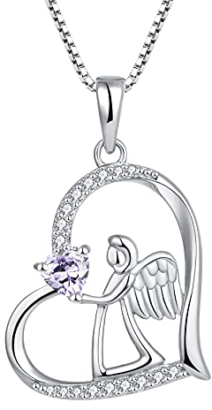 FJ Herz Schutzengel Kette Damen 925 Sterling Silber Engel Anhänger Engelsflügel Halskette Juni Geburtsstein Alexandrit Kette Schmuck Geschenke für Frauen Mädchen