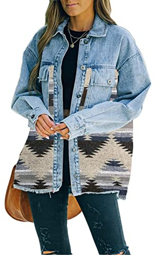 Haellun Damen Azteken-Shacket Distressed Revers Langarm Button Down Jeans Denim Jacke Mantel