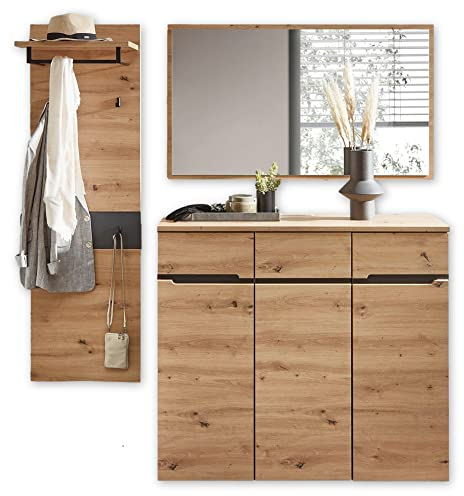 Stella Trading MEMPHIS Flurgarderoben Set in Artisan Eiche Optik, Graphit - Modernes Garderobenset 3-teilig für Ihren Eingangsbereich - 181 x 190 x 38 cm (B/H/T)