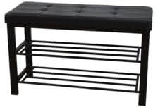 La Maison Shoe Rack Bench 3 Tier Leather Button Tufted Cushioned Seat Hallway Padded Storage Organiser Entryway Shelf Metal Frame (Black)