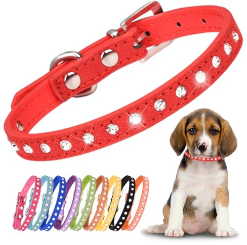 Kleine Hunde Hundehalsband Leuchtend, Halsband Hund Klein Mit Kristalldiamanten Glitzernd Kristall Halsung Hund Diamant Bling Welpenhalsband Welpe HundehalsbäNder,Rot XS