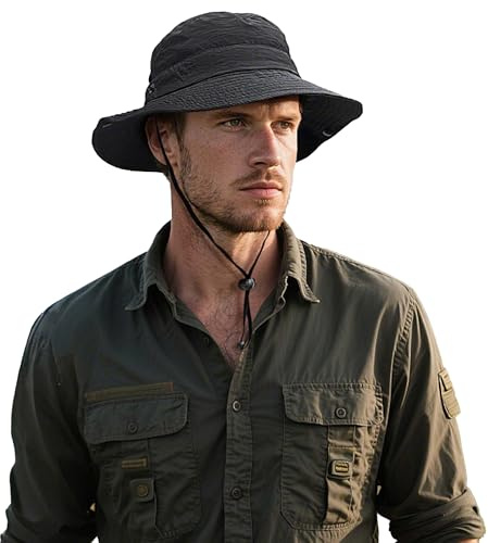 Clakllie Wasserdicht Fischerhut UV Schutz Wanderhut Safari Hut Herren Safari Hut mit Kinnband Atmungsaktiver Sonnenschutz Dschungelhut für Damen und Herren