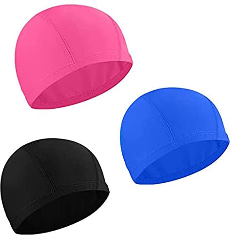 Cuffie da Nuoto,3 pezzi Cuffia da Elastica,Cuffia da Bagno Unisex da Piscina Antiscivolo per Bagno Nuoto e Sport (nero +rosso + blu)