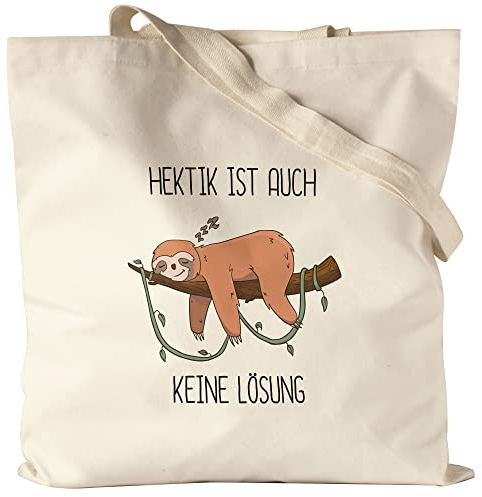 Hey!Print Hektik ist auch keine Lösung Jutebeutel Stoffbeutel Canvas Lustig Spruch Ironie Faultier Geschenk Bürokollegen