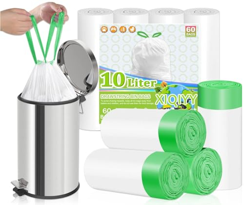 XIQIYY 10L Bin Liners,Drawstring Handles Bin Bags White,60 Count,Small Bin Bags for Toilet,Bathroom