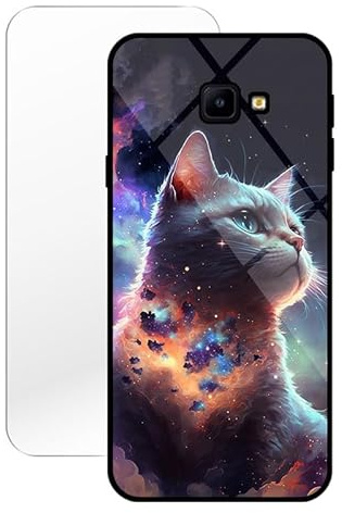 KARTXITAI Coque Compatible avec Samsung Galaxy J4 Plus,Verre Trempé Dure + Bords Couvrants Silicone TPU Souple Hybride Étui Antichoc Anti Rayures Case+Film Protection écran Chat Nuages Nuit