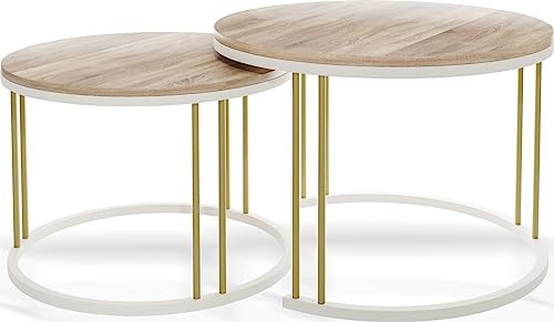 WFL GROUP Runde Satztische Couchtische mit Weiß-Gold Gestell - Loft-Stil Couchtische mit Metallbeinen - 2 in 1 - Zwei getrennte Industrie Tische für Wohnzimmer - Eiche Sonoma/Weiß