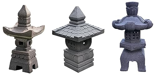 IDYL 3er Set | 2X Stein-Laterne Lampe Yukimi aus Lavastein Höhe 50 cm + Lavastein-Skulptur Laterne Pagoda | Höhe 55 cm | Lava-Stein Laterne handgefertigt | Stilvolle Gartenskulptur aus Naturstein
