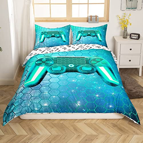 Gamer Bettwäsche Sets für Jungen Gaming Tröster Abdeckung Grün Gradient Honeycomb Hexagon Bettbezug Kinder Teens Videospiele Gamer Zimmer Dekor Sternenhimmel Star Galaxy Dekor Tagesdecke Teal 155x220