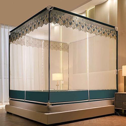 JUSHZ Moskitonetz Doppelbett Mückennetz Bett Mosquito Net Eckig Stickerei Volle Unterseite Quadratische Oberseite Zaun Mit Dichter Maschenstruktur (Blue,1.8x2.0m)
