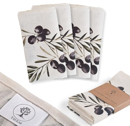 Leinenservietten Stoffservietten mit Muster, Olivenmuster, 100% Leinen, 4er-Set, natürlich und nachhaltig, ideal für Abendessen, Hochzeit, Geburtstag, Feier, 40 x 40 cm, griechische Deko, weiß, grün