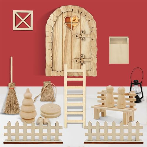 17 Pezzi Porta Elfo Natale, Porta Degli Elfi Kit, Miniature Casetta Elfo Natale in Legno, Porta degli Elfi Natale Accessori con Leggero, Scopa, Recinzione, Cassetta della Posta, Scala, Finestra