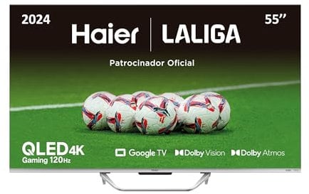 Haier QLED 4K UHD H55Q800UX - 55, Smart TV, Google TV, Dolby Atmos y Dolby Vision, HDR 10, Smart Remote Control, Google Assistant, Bluetooth 5.1, DBX TV, HDMI 2.1 x 4, Sin Marcos, 2023