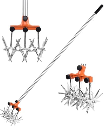 BARAYSTUS Rotary Cultivator Garden Rotary Tiller Adjustable Stainless Steel Poles Hand Tiller for Soil Mixing or Reseeding Grass Lawn Tiller Total Length 145cm