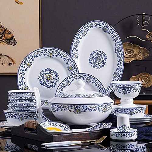 Keramik Geschirrset, 58-teilig Geschirrset Blau und Weiß Porzellan Stil Schüssel/Löffel/Teller - Familienfeier und Küchenrestaurant
