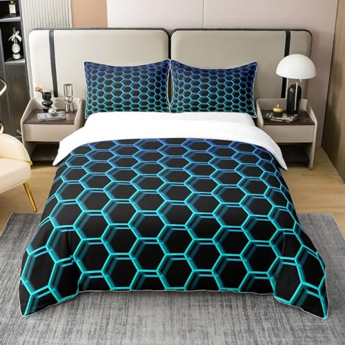 100% Baumwolle Neon Honeycomb Bettbezug 135x200 Geometrische Hexagon Bettwäsche Set für Teen Mädchen Kinder,3D Moderne Geometrie Sechseckige Komfortbezug Blau Teal Ombre Bett Sets mit 1 Kissenbezug