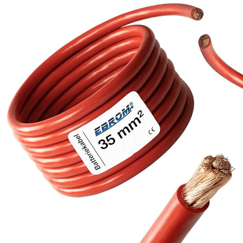 EBROM - 2 Meter Batteriekabel - Pluskabel - ROT - 35 mm² - Vollkupfer | Batterie Kabel - PLUS KABEL - 2 m Länge - für PV, Boot, Solar, Industrie, LKW, KFZ, Caravan und weitere Anwendungsbereiche