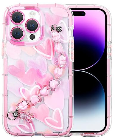 YEPO For iPhone 14 Pro Max Case Cute Wrist Strap, Pink Heart Design Soft TPU Shockproof Protective Clear Phone Cases for iPhone 14 Pro Max Girls Women Mobile Cover