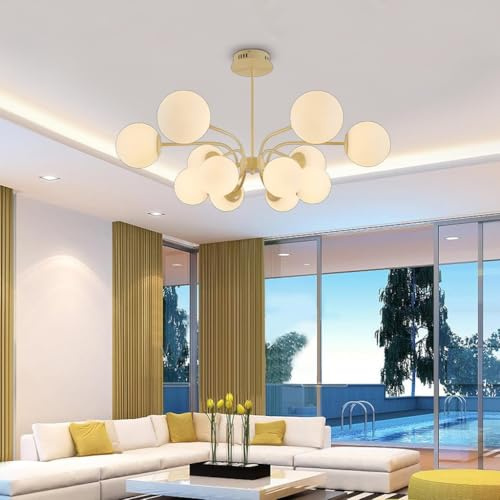 LYSDjia Sputnik Pendelleuchte 12-flammig Mid Century Metallkronleuchter für Esszimmer Kücheninsel moderner Kugel-Kronleuchter Deckenleuchte für Wohnzimmer Eingangsbereich Foyer Hängeleuchte(Yellow)