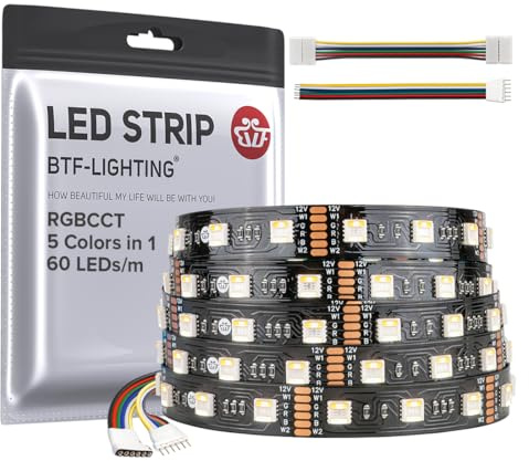 BTF-LIGHTING RGBCCT 5 Farben in 1 5050SMD LED Streifen DC12V 5M 60LEDs/m 300LEDs RGB+Warmweiß+Kaltweiß Schwarz PCB IP30 Nicht-Wasserdicht für Innen Dekoration(Controller und Netzteil nicht enthalten)