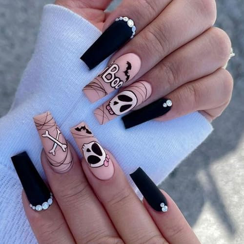 Boloshine Coffin Halloween Fake Nails, 24Pcs Ballerina Black Pink False Nails with Bat Skull Pattern, Artificial Stick on Nails Glossy Acrylic Nails for Women Girls Halloween Party Decoration