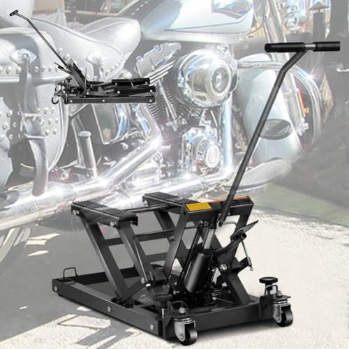 TANGZON 680KG Motorbike Lifts, Hydraulic Motorcycle Lift Jack with 3 Positions Safety Locks, T-Handle, 4 Wheels, 14-43cm Adjustable Platform, Heavy Duty Foot Operated Hoist Stand for ATV (Black)