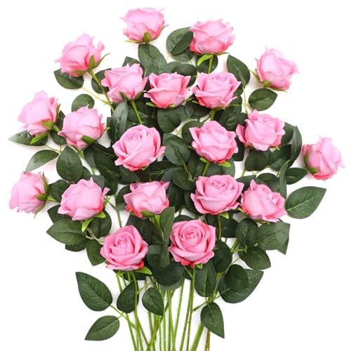 JUSTOYOU 20 PCS Realistische Seidenblume, Rosa Rose mit Stiel, künstliche Rose Bouquet, für Home Table Office Party Hochzeit Garten Arrangements