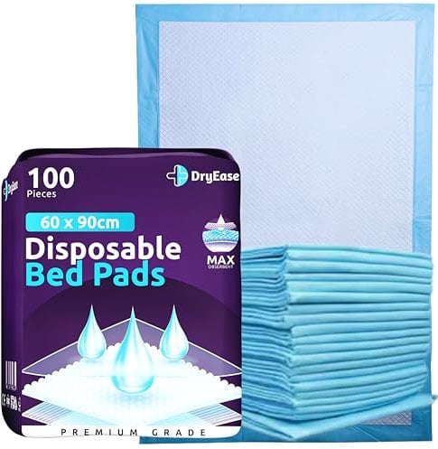100 x DryEase Disposable Incontinence Bed Pads 60 x 90cm | Highly-Absorbent Incontinence Bed Sheets | Waterproof Incontinence Sheets for Sofa, Mattress, Chair & for Babies, Children, Adults, & Elderly