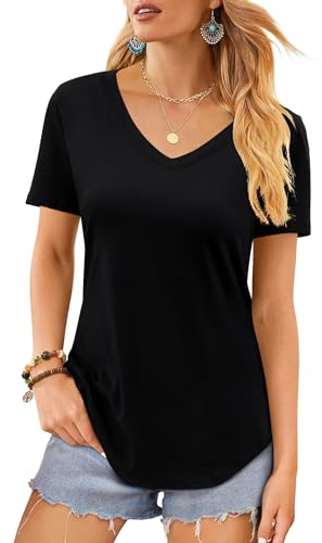 Elesomo Ladies Cotton Tops V Neck Short/Long Sleeve Casual T Shirt Blouse