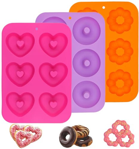 TOKSEO Lot de 3 moules à donuts, ronds, en forme de cœur, de citrouille, à 6 cavités, anti-adhésif, en silicone pour gâteaux, biscuits, bagels, muffins (rouge rose, violet, orange)