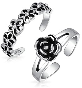 Ensemble de deux fleurs de marguerite découpées et bague d'orteil à bande fendue avec rose noire sculptée pour femmes en argent sterling oxydé .925 ajustable.