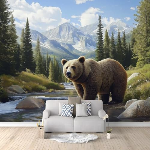 WHUOEUCO Papier Peint Panoramique Paysage De Montagne Ours 350x256 cm Moderne Papier Peint intissé pour Chambre Salon Chambre D'enfants Personnalisé Décoration Murale