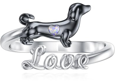 Dackel Hund Ring für Damen 925 Sterling Silber Opal Hunde Ring Verstellbarer Schmuck Geschenke für Tochter Schwestern Mutter（Schwarz）
