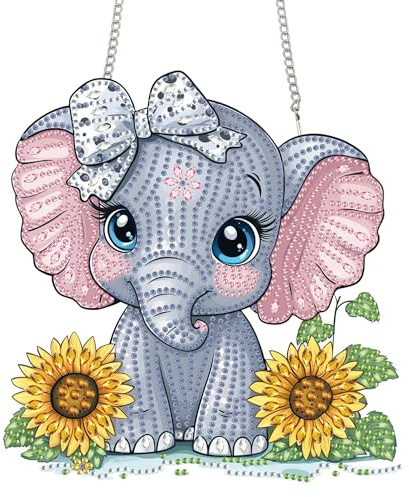 Bimkole Elephant Hanging Diamond Art Pearl Art Kits for Adults Pendant C59 | DIY 5D Special Crystal Sunflowers Diamond Painting Window Suncatcher, Acrylic Pearl Art Autumn Winter Wall Decor 20x20 cm