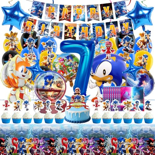 69 Stück Geburtstagsdeko Kinder, Cartoon Deko Geburtstag mit Tischdecke Banner Spiralen Luftballons Foil Balloon Tortendeko Servietten für 4 5 6 7 8 9 jahre Jungen Mädchen Geburtstags Party