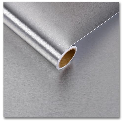 CRE8TIVE Papier Peint Métallique Argent 30 x 200cm Papier Adhesif pour Meuble Cuisine Vinyle Adhesif Texturé Vaisselle Réfrigérateur Rouleau Adhesif pour Meuble Impermeable Salle de Bain Armoire