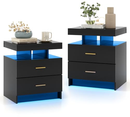 GIANTEX Nachttisch mit LED-Beleuchtung, Nachtschrank 2er Set, Nachtkästchen Hochglanz Schwarz, Nachtkommode mit 2 Schubladen, Nachtkonsole Boxspringbett, Beistelltisch Sofatisch Holz, 50 x 40 x 58 cm