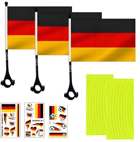 Deutschland Fahrradfahne 3er Set, Deutschlandflagge Fahrrad Fahne mit Tattoo Sticker Reflektor Aufkleber, Deutschland Fanartikel Fußball WM 2026 Deutsche Flagge Deko für Laufrad Roller Fahrradanhänger
